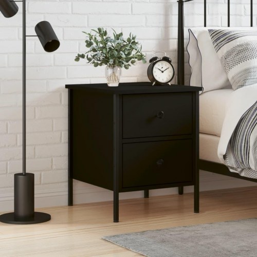 Sengebord 40 × 42 × 50 cm i konstrueret træ - sort, industrielt design med 2 skuffer