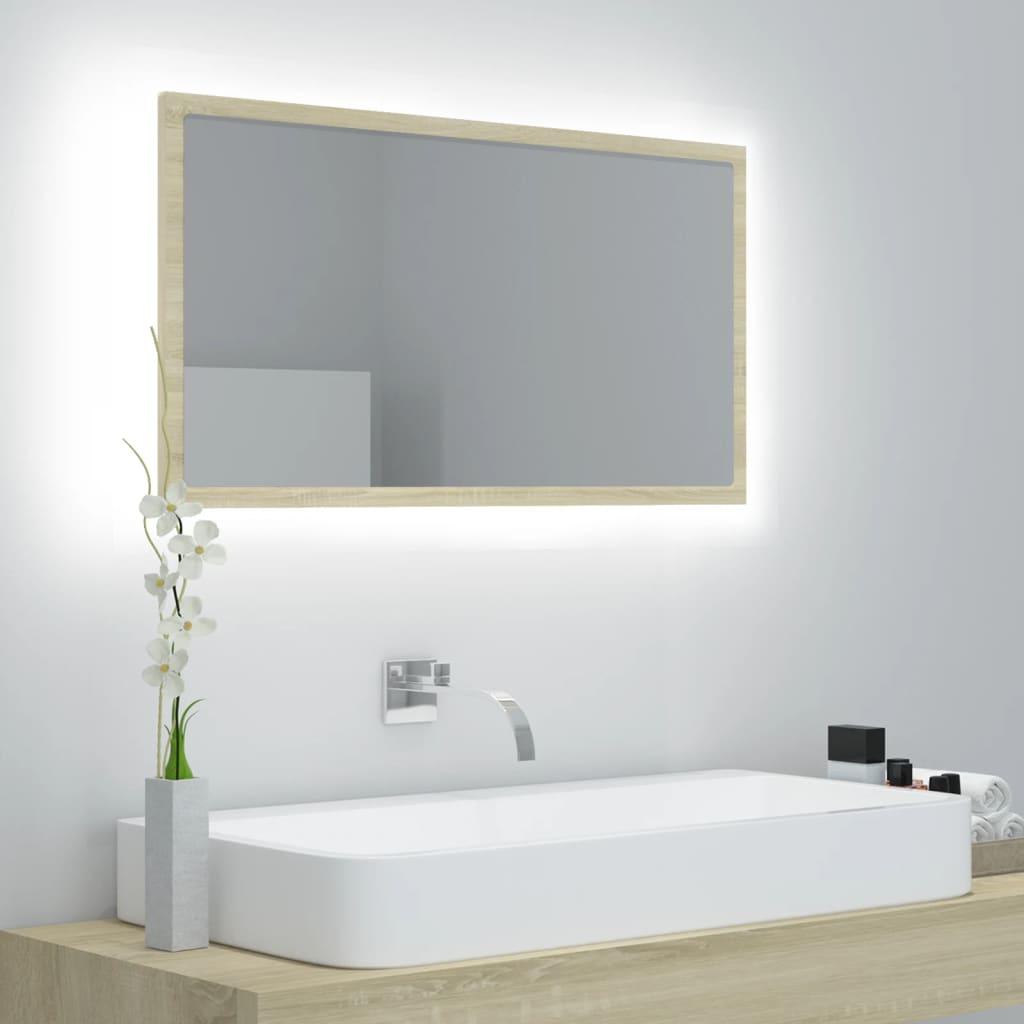 Badeværelsesspejl med LED-lys 80x8,5x37 cm akryl sonoma-eg