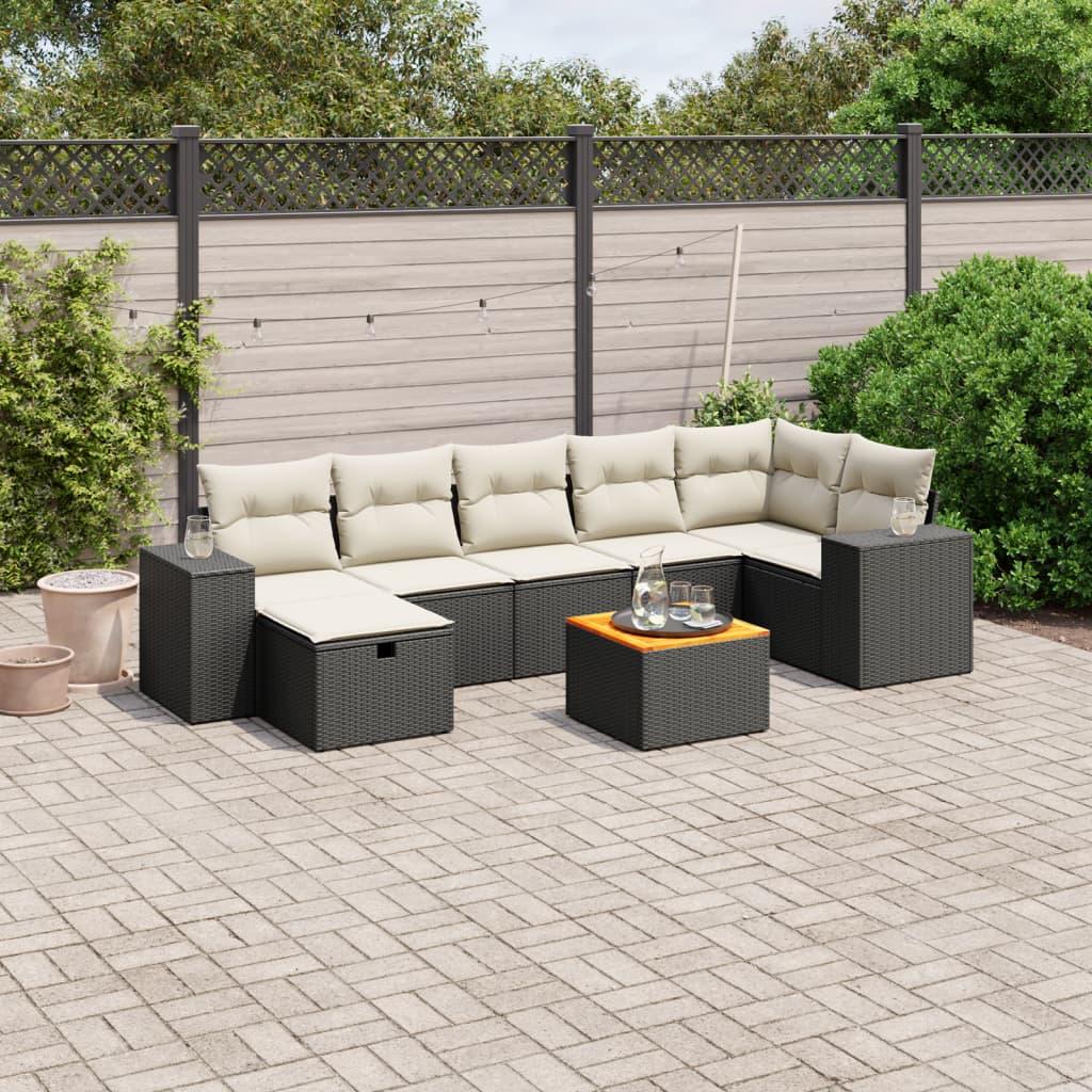 Havesofasæt 8 Dele Med Hynder Polyrattan - Sort og cremefarvet / 3x midterdel 3x hjørnedel fodskammel bord