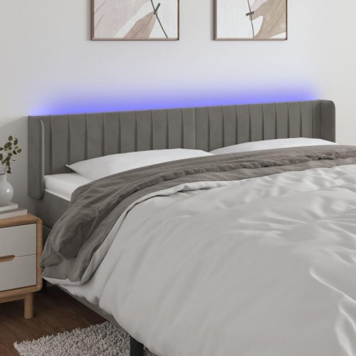 Sengegavl med LED-lys 183 x 16 x 78/88 cm fløjl - lysegrå