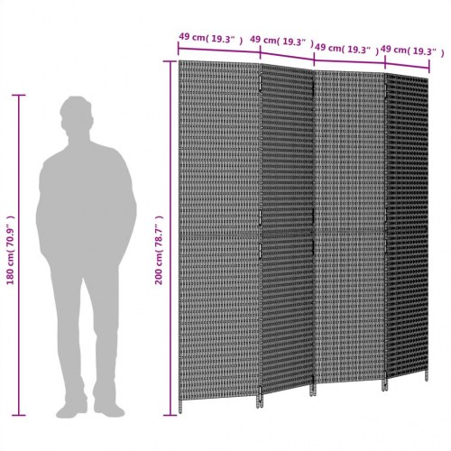 Rumdeler i polyrattan med 4 paneler 196 x 200 cm - sort
