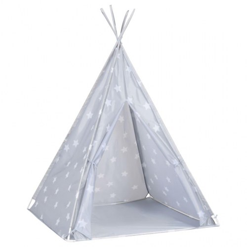 Tipi legetelt til børn 115×115×160 cm med bærepose - grå polyester med stjerner