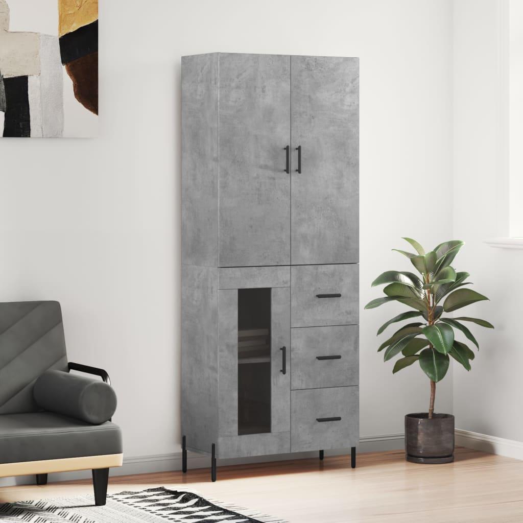 Højskab 69,5X34X180 Cm Konstrueret Træ Etræsfarve - Betongrå / 1 glaslåge 3 skuffer