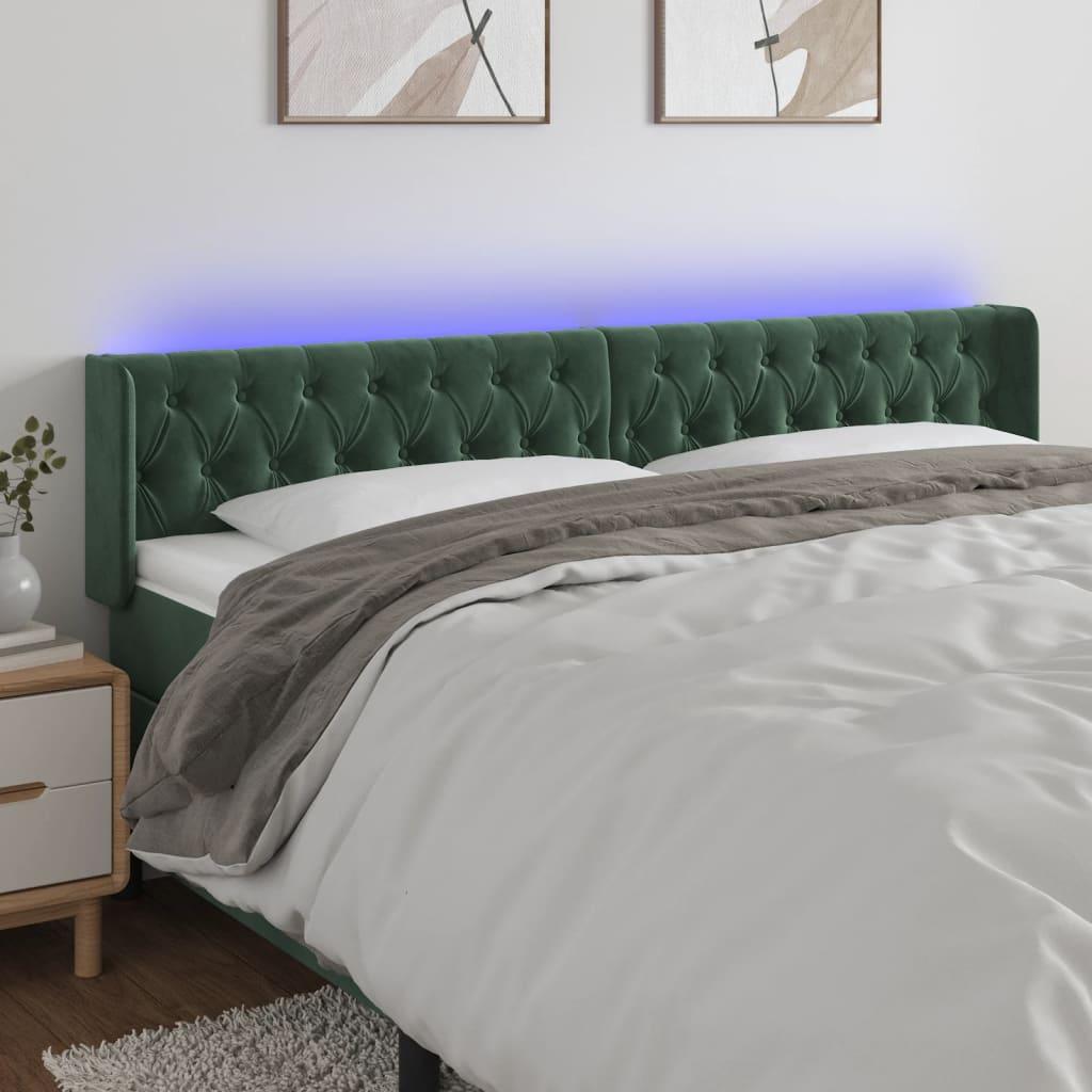 Sengegavl med LED-lys 203x16x78/88 cm - fløjl, mørkegrøn