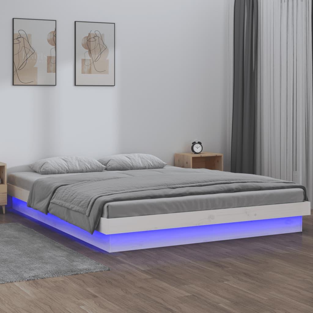 Sengeramme med LED-lys 160x200 cm massivt træ hvid