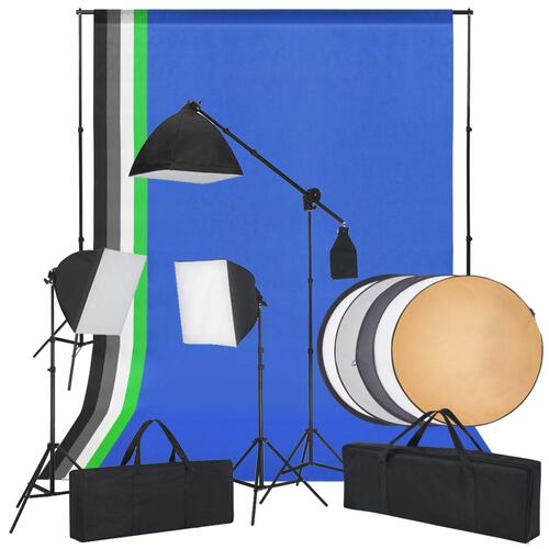 Fotostudiesæt med softbox-lys, baggrunde og en reflektor