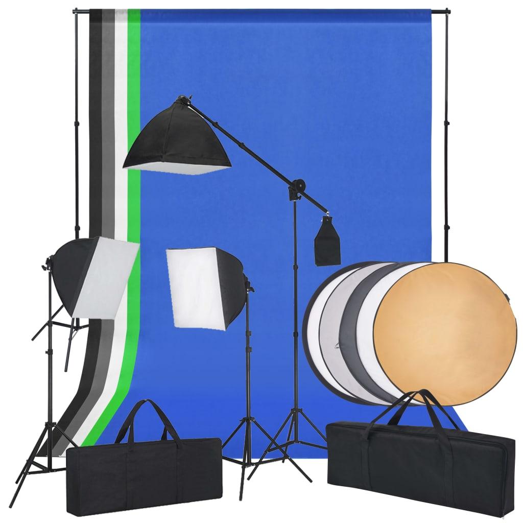 Fotostudiesæt med softbox-lys, baggrunde og en reflektor