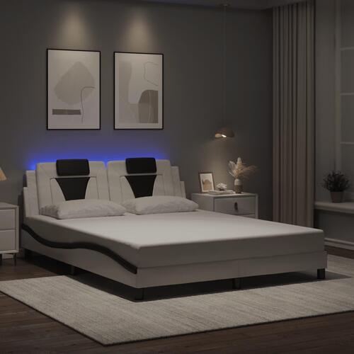 Sengestel med LED-lys 160x200 cm kunstlæder hvid og sort
