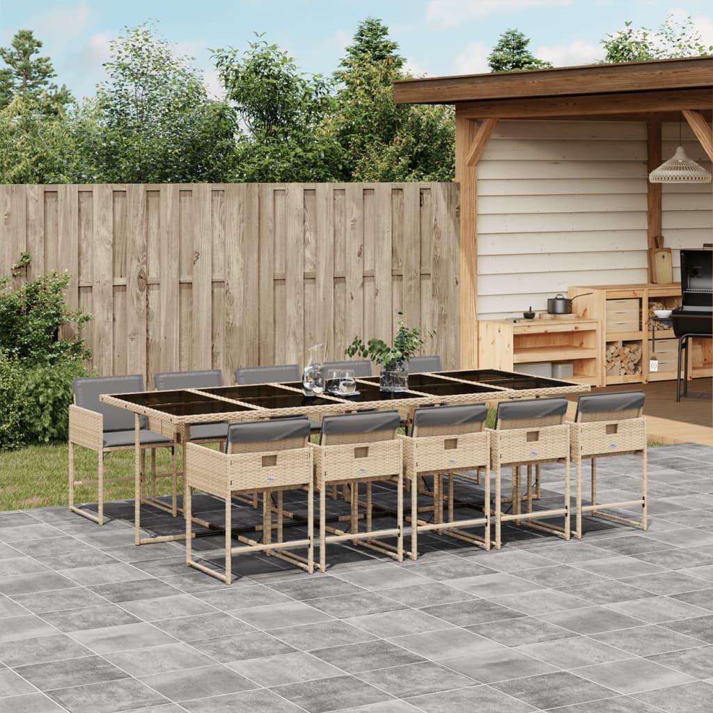 Spisebordssæt Til Haven 11 Dele Med Hynder Polyrattan Sort - 10 / Blandet beige / Glas