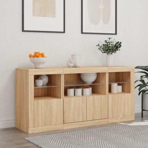 Skænk med LED-lys 142,5×37×67 cm - sonoma-eg