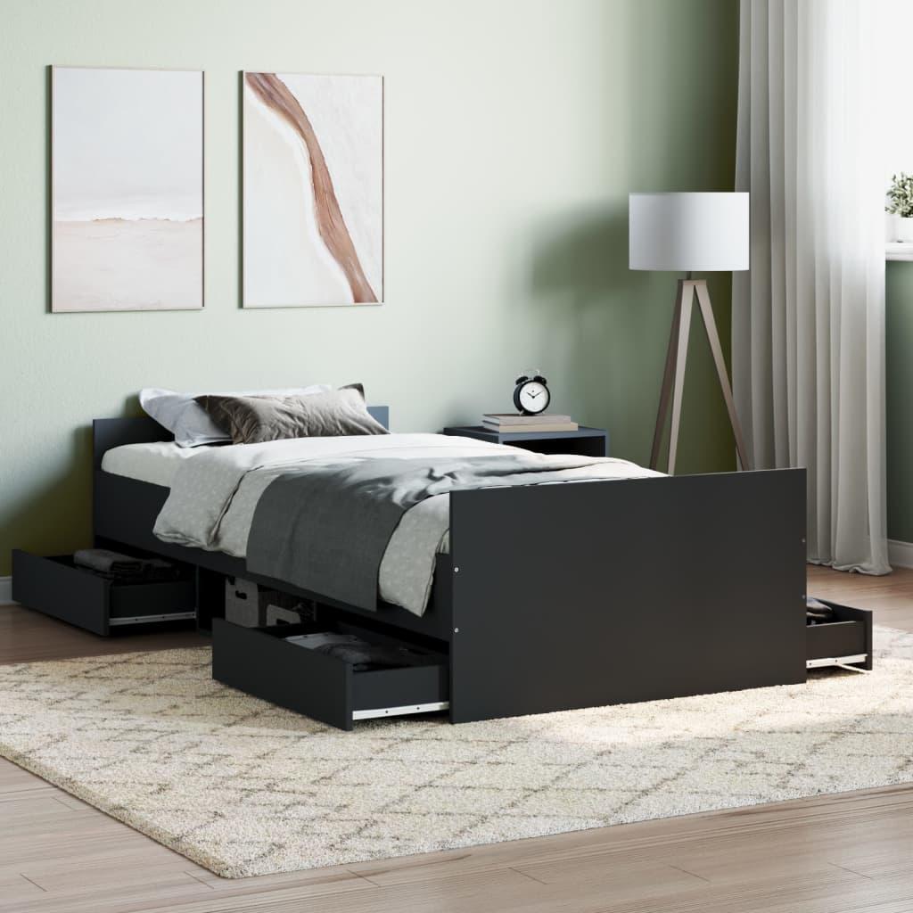 Sengeramme med sengegavl og fodgærde 100x200 cm - sort med opbevaring