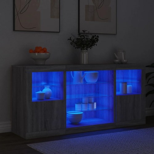 Skænk med LED-lys - grå sonoma-eg, 142,5 x 37 x 67 cm