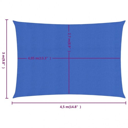 Solsejl 3 × 4,5 m - rektangulær HDPE, blå (160 g/m²)