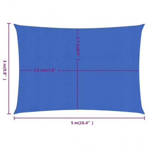 Solsejl 3 × 5 m - rektangulært HDPE 160 g/m², blå