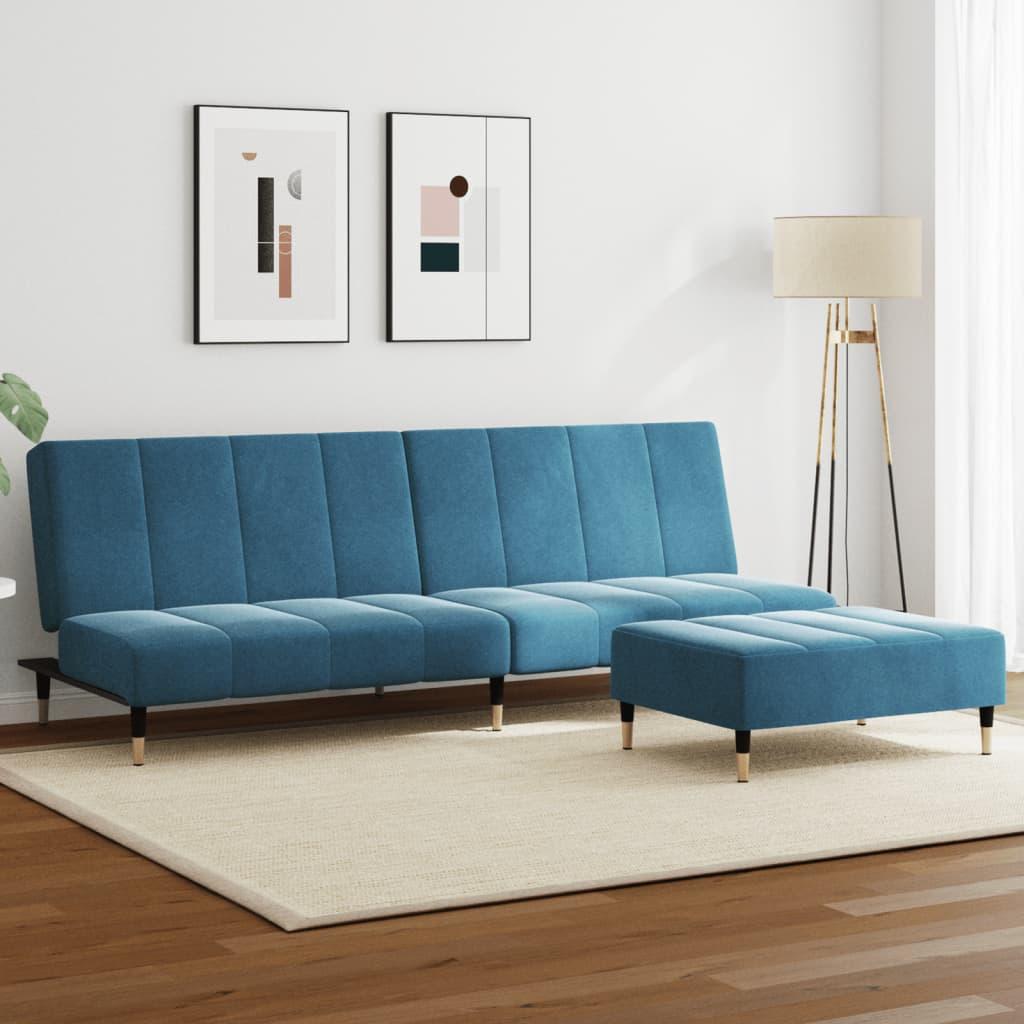 2-personers sovesofa med fodskammel i velour - blå