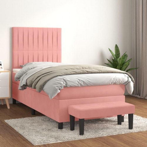 Kontinentalseng med madras 90x190 cm i fløjl - pink inkl. topmadras og bænk