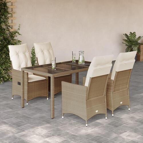 Spisebordssæt til haven 5 dele med hynder polyrattan beige