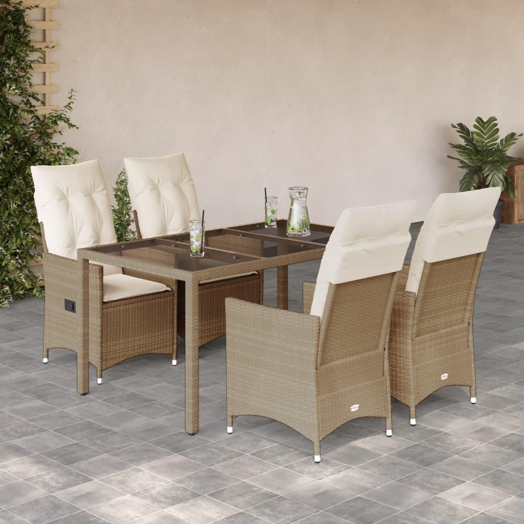 Spisebordssæt til haven 5 dele med hynder polyrattan beige