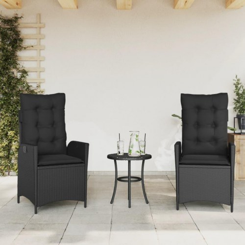 Havestole med hynder - 2 stk., justerbart ryglæn, polyrattan, sort