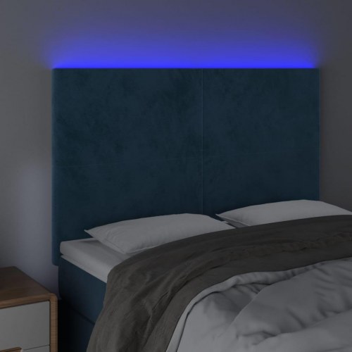 Sengegavl med LED-lys i fløjl 144 x 5 x 118/128 cm - mørkeblå