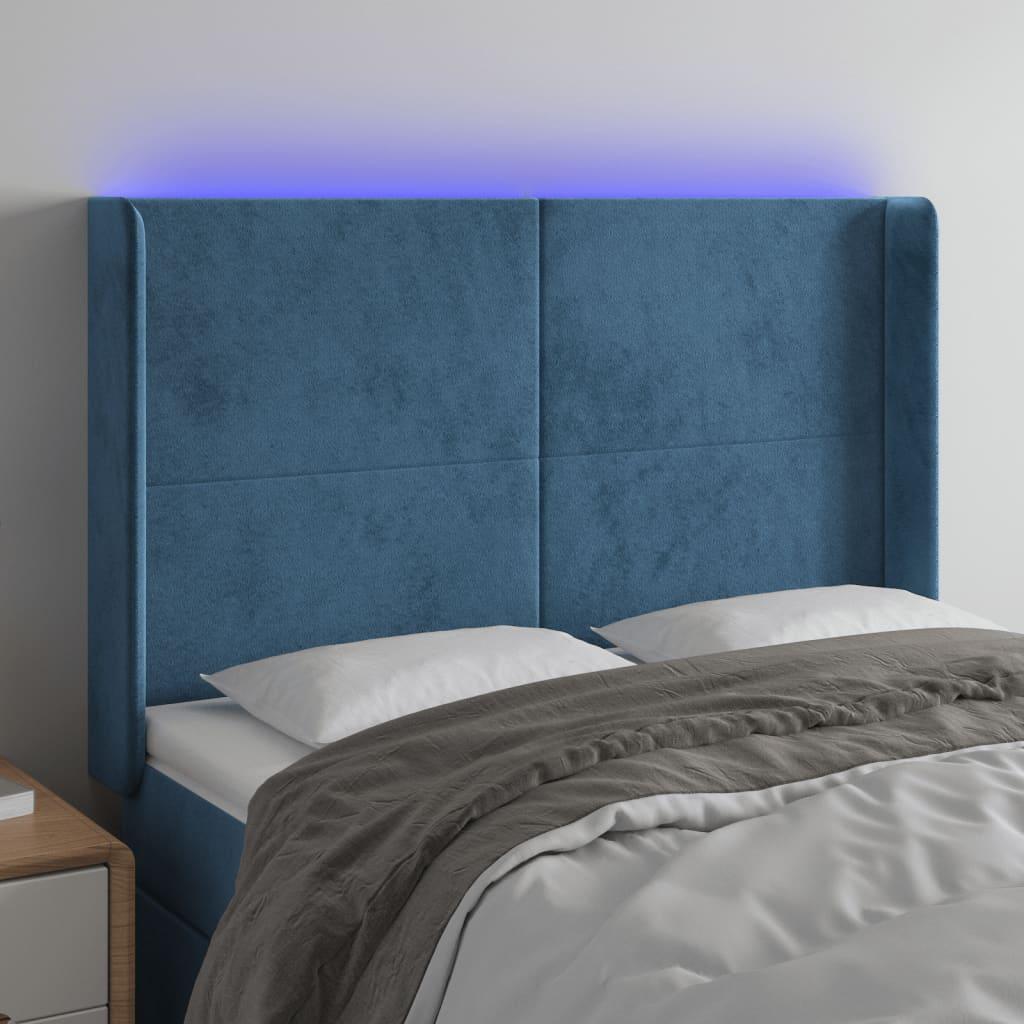 Sengegavl med LED-lys 147×16×118/128 cm - fløjl, mørkeblå