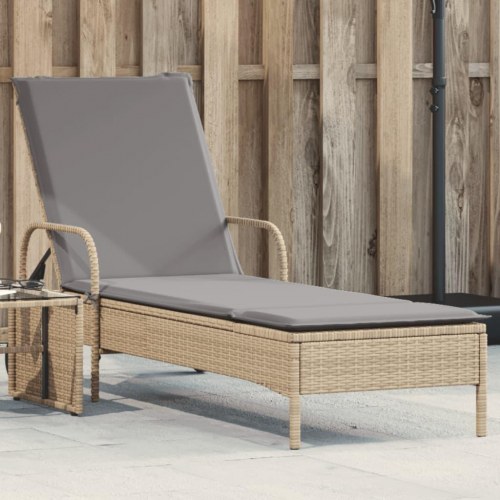 Liggestol i polyrattan med hjul og hynde - beige/lysegrå
