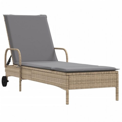 Liggestol i polyrattan med hjul og hynde - beige/lysegrå