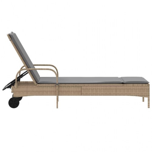 Liggestol i polyrattan med hjul og hynde - beige/lysegrå