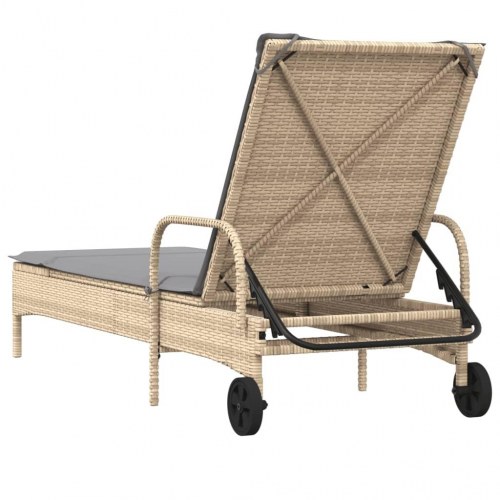 Liggestol i polyrattan med hjul og hynde - beige/lysegrå