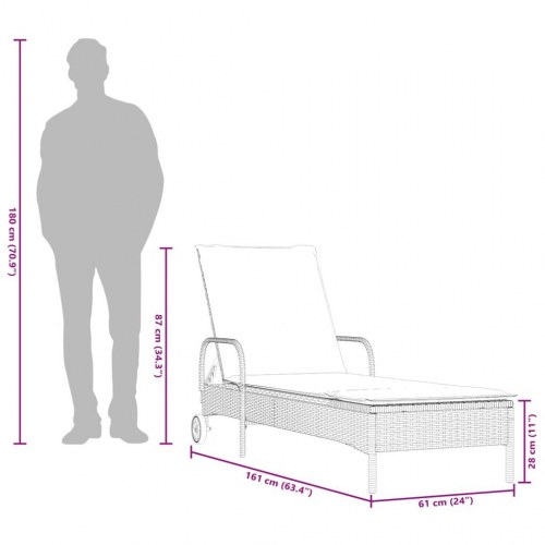 Liggestol i polyrattan med hjul og hynde - beige/lysegrå
