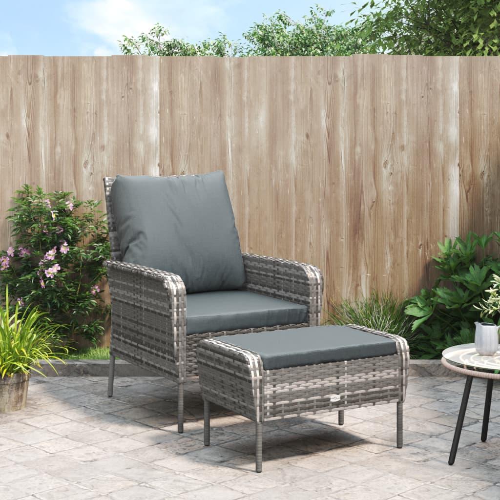 Havestol Med Fodskammel Polyrattan - Grå