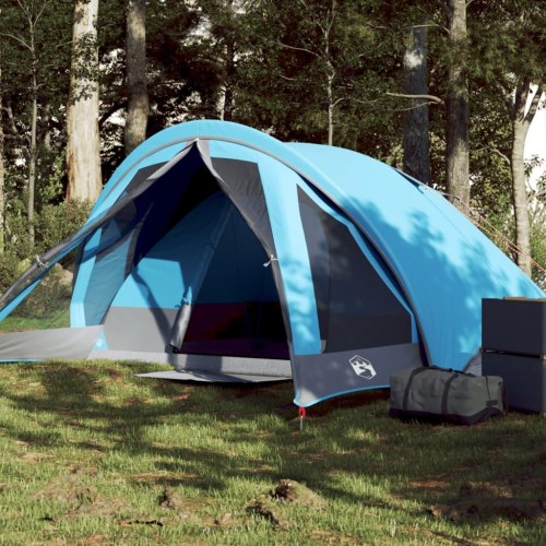 4-personers campingtelt - vandafvisende, blå med fortelt