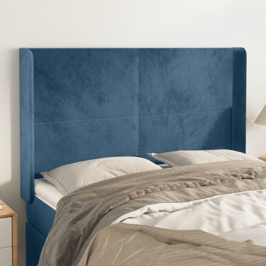 vidaXL sengegavl med kanter 147x16x118/128 cm fløjl mørkeblå
