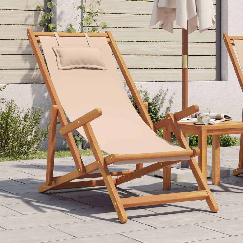 Strandstol foldbar massivt eukalyptustræ og stof beige