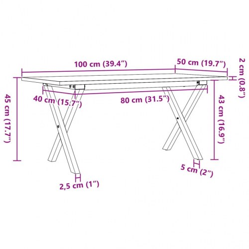 Sofabord 100 x 50 x 45 cm med X-stel i massivt fyrretræ og stål