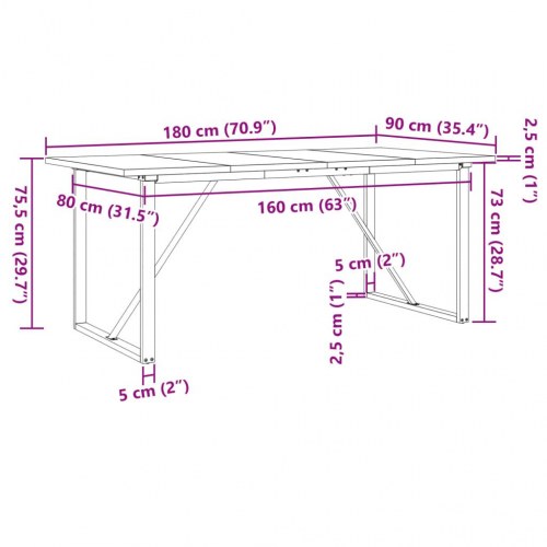 Spisebord 180 x 90 x 75,5 cm med O-stel i massivt fyrretræ og stål