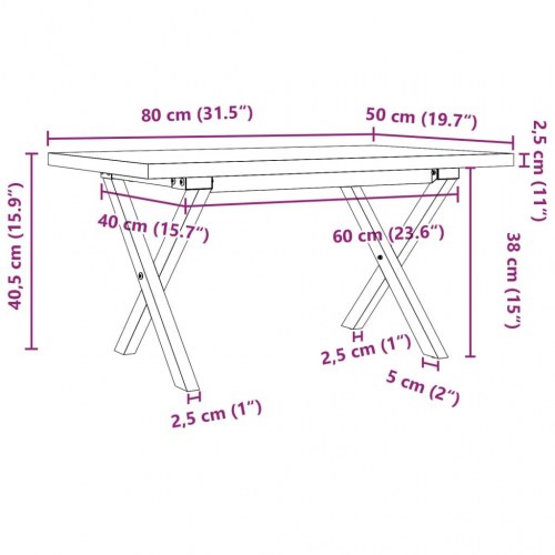 Sofabord 80 x 50 x 40,5 cm med X-stel i massivt fyrretræ og stål