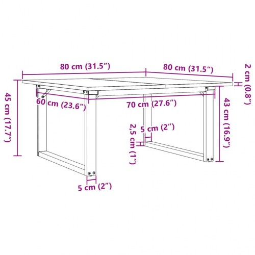 Sofabord 80 x 80 x 45 cm med O-stel i massivt fyrretræ og stål
