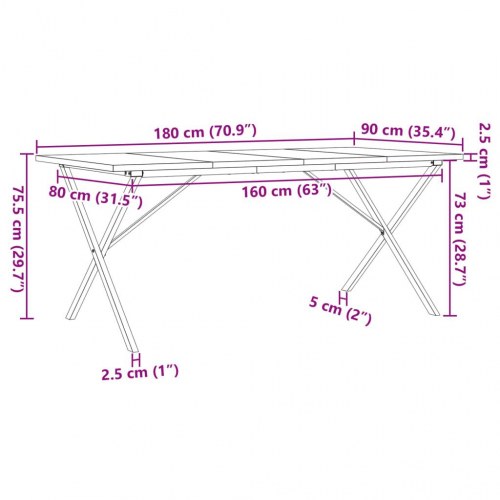 Spisebord 180 x 90 x 75,5 cm med X-stel i massivt fyrretræ og stål