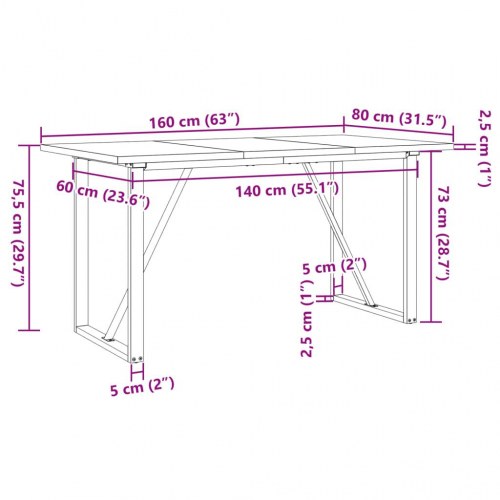 Spisebord 160 x 80 x 75,5 cm med O-stel i massivt fyrretræ og stål