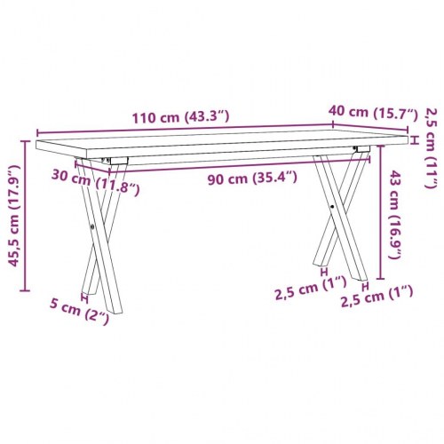 Sofabord 110 × 40 × 45,5 cm - X-stel i stål og massivt fyrretræ