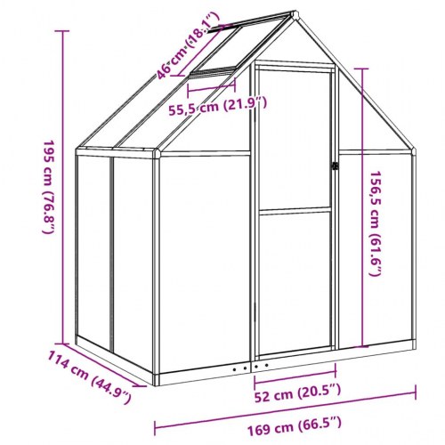 Drivhus med fundamentramme 169×114×195 cm - aluminium, sølvfarvet