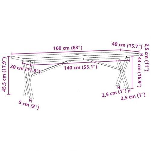 Sofabord 160 x 40 x 45,5 cm med X-stel i massivt fyrretræ og stål