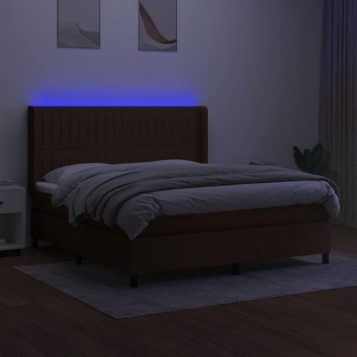 Kontinentalseng med LED-lys 160×200 cm - stof, mørkebrun