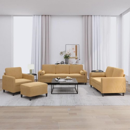 Sofasæt i velour - 4 dele med puder og fodskammel, brun