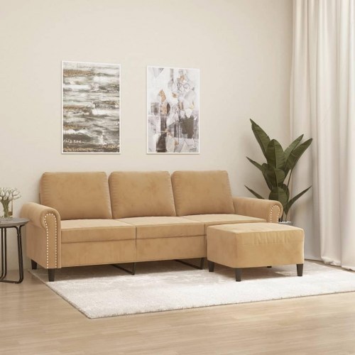 3-personers sofa med fodskammel i velour - brun, sædebredde 180 cm
