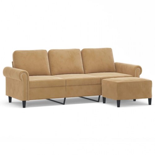 3-personers sofa med fodskammel i velour - brun, sædebredde 180 cm