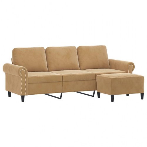 3-personers sofa med fodskammel i velour - brun, sædebredde 180 cm