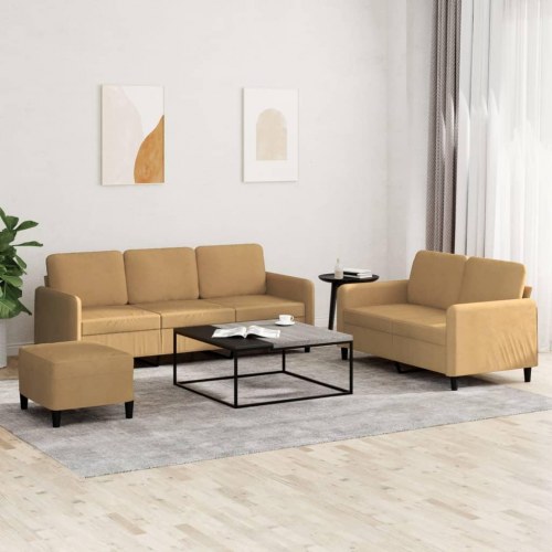 Sofasæt i velour - 3 dele, brun med fodskammel
