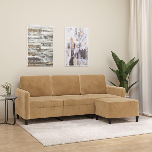 3-personers sofa med fodskammel - velour, brun, 180 cm sædebredde